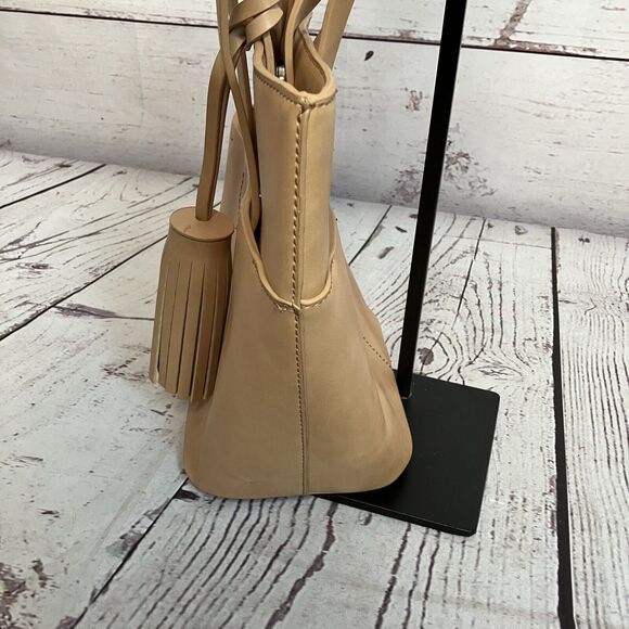 Zara Vegan Leather‎ Tan Handbag Tassel Charm Neutral Boho Bucket Bag - Picture 3 of 14